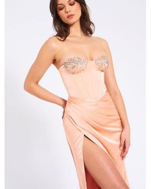 Miss Circle Amelia Blush Satin Corset Slit Gown With Crystal Embellished - Metallic