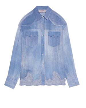 ERMANNO FIRENZE Denim-Inspired Georgette Shirt With Lace Trim And Pearl Snap Buttons - Blue