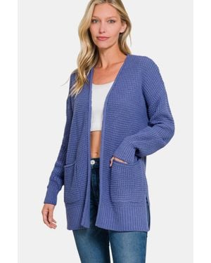 TRUEDAMES Waffle Open Front Sweater Cardigan - Blue