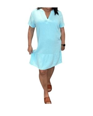 Bobi Split Neck Ruffle Hem Dress - Blue