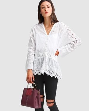 Belle & Bloom Unbutton Me Eyelet Button Down Shirt - White