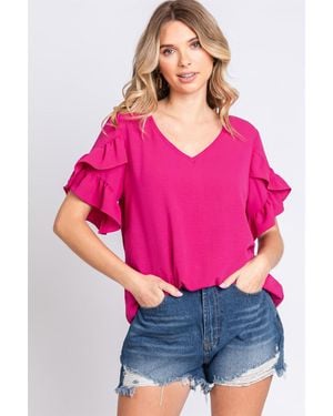 TRUEDAMES Geegee V-Neck Ruffle Trim Short Sleeve Blouse - Pink