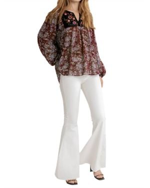 Umgee Embroidered Velvet Yoke Floral Blouse - Pink