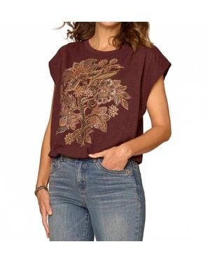 Democracy Origami Cap Sleeve Scoop Neck Cased Hem Screen Printed Knit Top - Brown