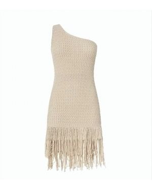 Pinko Juniperos Abito Perforated Fringed Dress - Natural