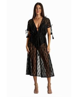 La Moda Clothing Sicilia V-Neck Tasseled Kimono Dress - Black