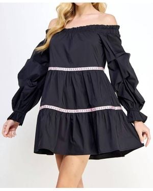 Strut & Bolt Embroidered Trim Off The Shoulder Tiered Mini Dress - Blue