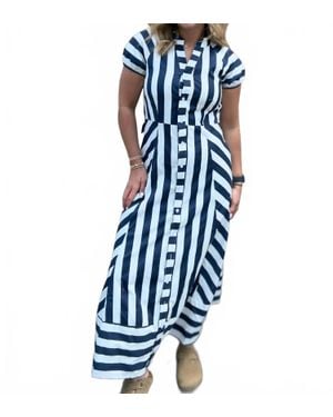 TCEC Mixed Striped Pattern Button Down Midi Dress - Blue