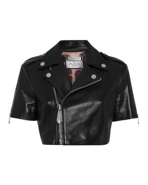 Philipp Plein Leather Cropped Biker Short Sleeve Jacket - Black
