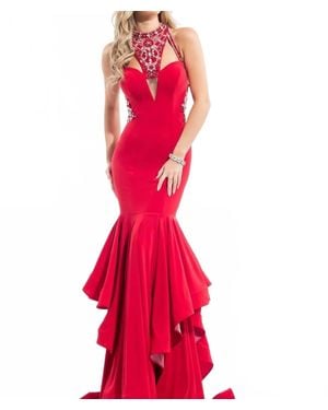 Rachel Allan Beaded Halter Neck Jersey Prom Gown - Red