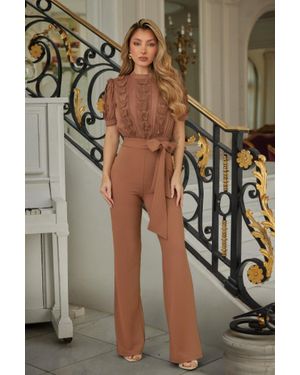 TRUEDAMES Multi Butterfly Sheer Pattern Jumpsuit - Brown