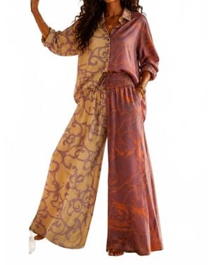 SurelyMine Printed Satin Shirt & Wide Leg Pant Set - Orange