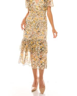 Donna Morgan Floral Print Short Sleeve Midi Dress - Yellow