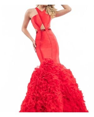 Rachel Allan Ruffled Hem Mermaid Gown - Red
