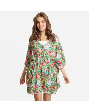 TRUEDAMES Boho Mixed Flower Print Drawstring Mini Tunic Dress - Green