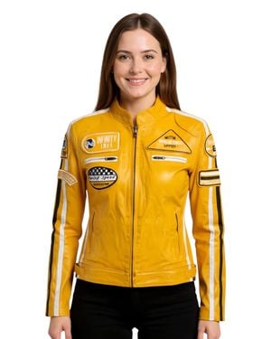 Infinity Leather Leather Biker Racing Badges Jacket-Dalby - Yellow