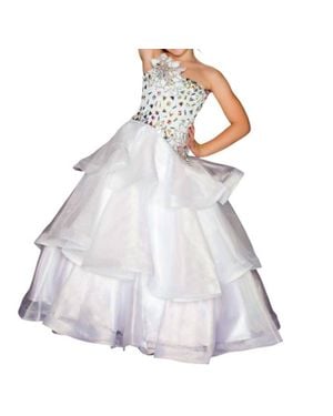 Mac Duggal Girls Metallic Organza Pageant Dress - White