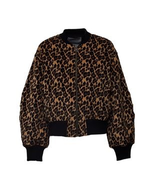 Essentiel Antwerp Leopard Print Kasen Ribbed Trim Bomber Jacket - Black