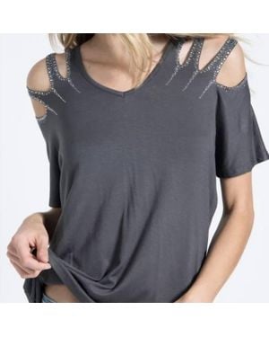 Vocal Apparel Laser Cut Stone Shoulder Top - Gray