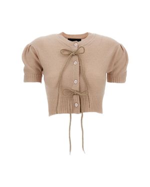Simone Rocha Cropped Cashmere Cardigan With Chenille Bow Accents - Natural