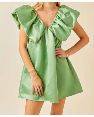 Day + Moon Satin Volume Shoulder Mini Dress - Green