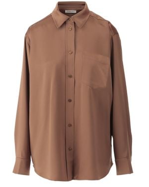 By Malene Birger Satin Shirt With Pointed Collar And Curved Hem - Brown