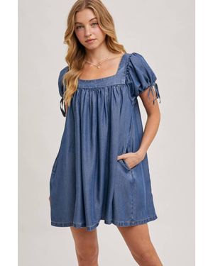 Bluivy Denim Square Neck Babydoll Dress With Pockets - Blue