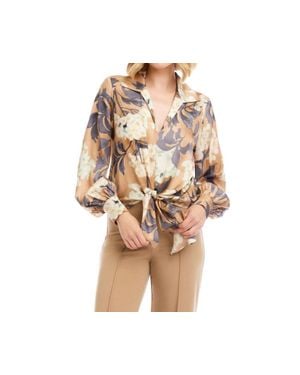 Karen Kane Blouson Sleeve Satin Tie-Front Top - Natural