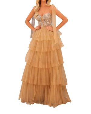 Amarra Ruffle Tulle A-Line Gown With Beaded Top - Brown