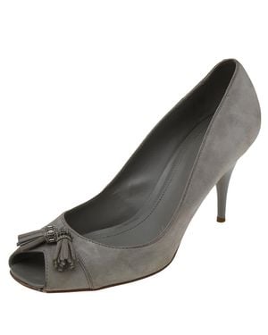 Tod's Suede Embellished Fringe Peep Toe Pumps - Gray