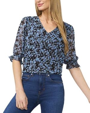 Cece Elbow Sleeve Ruff V-Neck Blouse - Blue