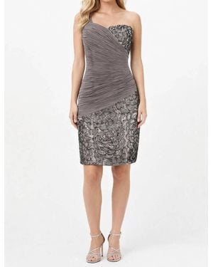 Sue Wong One Shoulder Embroidered Floral Dress - Gray