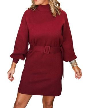 She + Sky Mock Neck Tie Belt Sweater Dress - Red