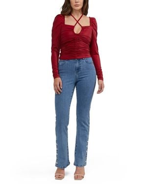 Bebe Puff Sleeve Coated Ruched Top - Red