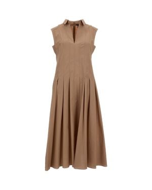 Fay Pleated Sleeveless Dress With Pointed Collar And Embroidered Logo - Brown