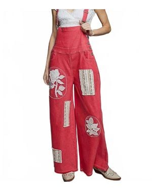 Pol Floral Lace Patchwork Overalls - Red
