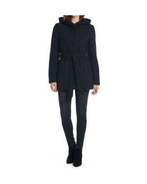 CoffeeShop Hooded Boucle Coat With Waist Tie - Black