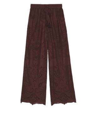ERMANNO FIRENZE Wide-Leg Muslin Pants With Sangallo Embroidery And Tassel Drawstring - Brown