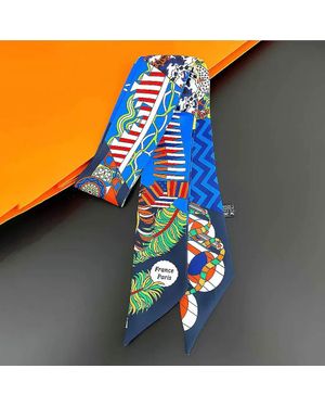 Discountinued Abstract Pattern Print Silky Twilly Skinny Scarf - Blue