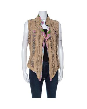 Roberto Cavalli Printed Silk And Suede Overlay Sleeveless Vest - Natural