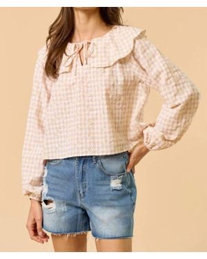 Lalavon Gingham Eyelet Front Tie Ruffled Collar Top - Blue