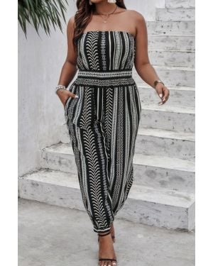 TRUEDAMES Plus Size Print Off Shoulder Sleeveless Jumpsuit - Gray