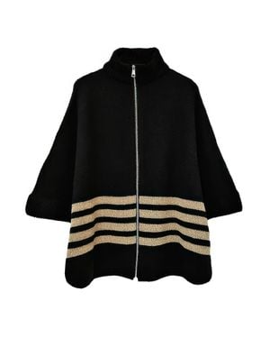 Fashnzfab Sporty Bordered Zip Up Knit Kimono - Black