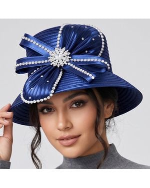 Fashnzfab Elegant Rhinestone Trim Bow Floral Accent Dressy Hat - Blue