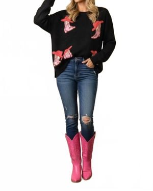 She + Sky Pullover Cowboy Boots Print Sweater - Black