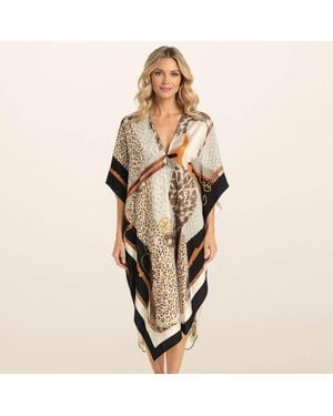 TRUEDAMES Lightweight Mixed Animal Abstract Print Satin Feel Kimono Style Long Cover Up Poncho - Natural