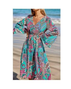 CUPSHE Paisley Bell Sleeve Resort Midi Dress - Blue