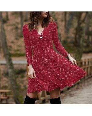 TRUEDAMES Retro Floral Print V-Neck Long Sleeve Dress - Red