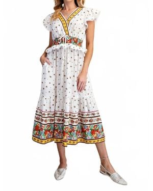 Easel Floral Border Print Cap Sleeve Midi Dress - White