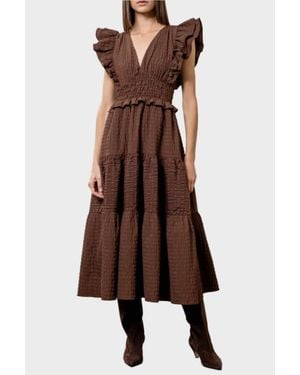 Moon River Flutter Sleeve V-Neck Midi Dress - Brown